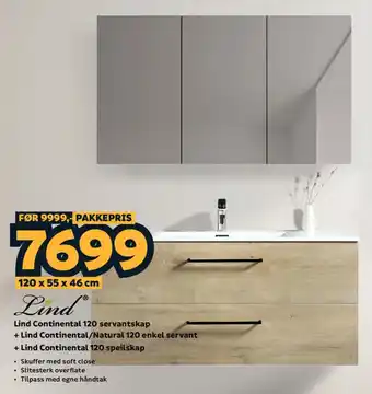 Lind Continental 120 servantskap + Lind Continental/Natural 120 enkel servant + Lind Continental 120 speilskap