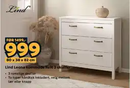 Megaflis Lind Leona kommode hvit 3 skuffer tilbud