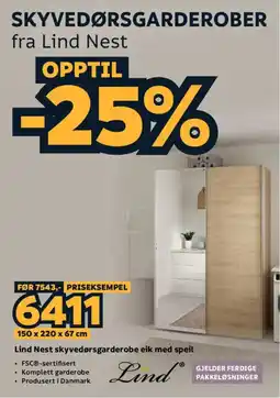 Megaflis Lind Nest skyvedørs garderobe eik med speil tilbud