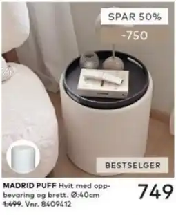 Skeidar Madrid Puff Hvit med oppbevaring og brett tilbud