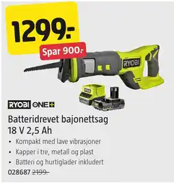 Jula Ryobi one+ batteridrevet bajonettssag 18 v 2,5 ah tilbud