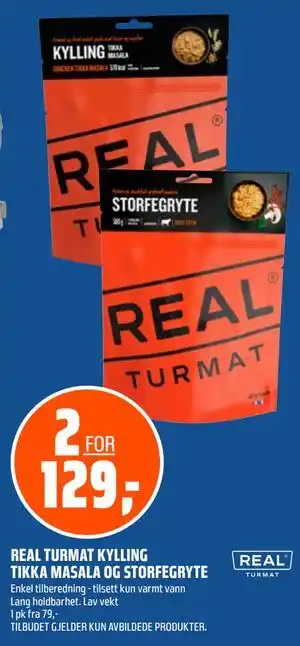 Coop Obs REAL TURMAT KYLLING TIKKA MASALA OG STORFEGRYTE tilbud