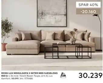 Skeidar Rossi Lux modulsofa 3-seter med sjeselong tilbud