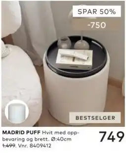 Skeidar Madrid puff Hvit med oppbevaring og brett tilbud