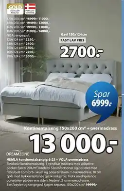 JYSK HEMLA kontinentalseng grå-23 + VOLA overmadrass tilbud
