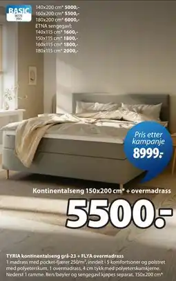 JYSK TYRIA kontinentalseng grå-23 + FLYA overmadrass tilbud