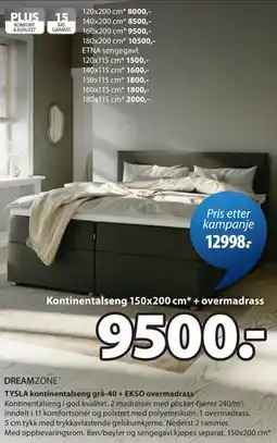 JYSK DREAMZONE TYSLA kontinentalseng grå-40 + EKSO overmadrass tilbud
