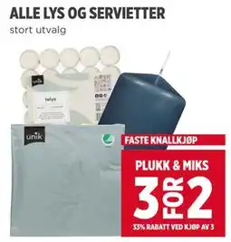 Meny ALLE LYS OG SERVIETTER tilbud