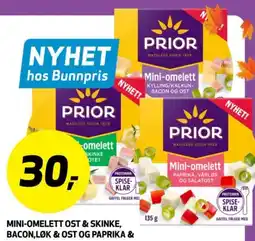 Bunnpris Prior mini-omelett ost & skinke, bacon, løk & ost og paprika & tilbud