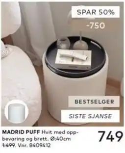 Skeidar Madrid puff hvit med oppbevaring og brett tilbud