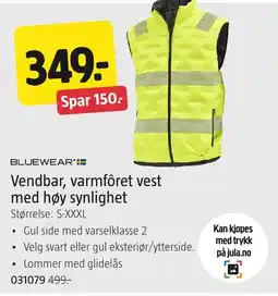 Jula Bluewear vendbar, varmføret vest med høy synlighet tilbud