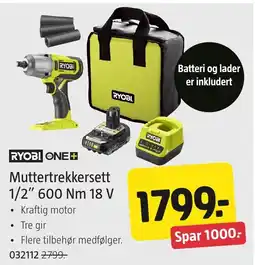 Jula Ryobi muttertrekkersett 1/2" 600 Nm 18 V tilbud