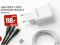 Jula Lader USB-A + USB-C 45 W 5V/3A 110/230 V, Medlemspris tilbud