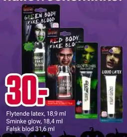 Europris Flytende latex, 18,9 ml Sminke glow, 18,4 ml Falsk blod 31,6 ml tilbud