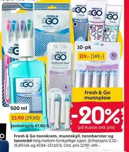 Rusta Fresh & Go tannkrem, munnskyll, tannbørster og tanntråd tilbud