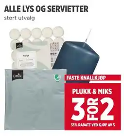Meny ALLE LYS OG SERVIETTER tilbud
