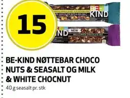 Bunnpris BE-KIND NØTTEBAR CHOCO NUTS & SEASALT OG MILK & WHITE CHOCNUT tilbud