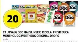 Bunnpris ET UTVALG DOC HALSLINSER, RICOLA, FRISK EUCA MENTHOL OG WERTHERS ORIGINAL DROPS tilbud