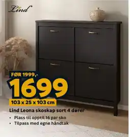 Megaflis Lind Leona skoskap sort 4 dører tilbud