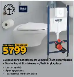 Megaflis Gustavsberg Estetic 8330 veggskål hvit ceramicplus + Grohe Rapid SL siterne m/hvit trykkplate tilbud