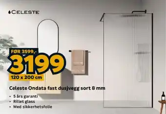 Celeste Ondata fast dusjvegg sort 8 mm