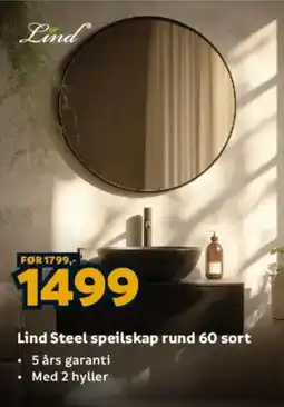 Megaflis Lind Steel speilskap rund 60 sort tilbud