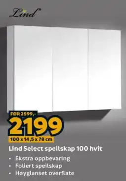 Megaflis Lind Select speilskap 100 hvit tilbud