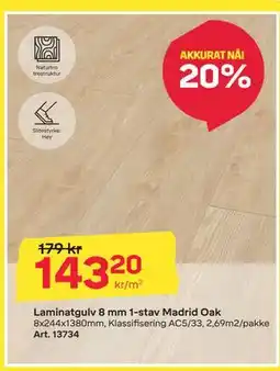 Byggmax Laminatgulv 8 mm 1-stav Madrid Oak tilbud