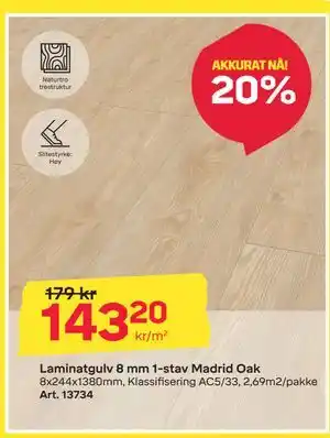 Laminatgulv 8 mm 1-stav Madrid Oak