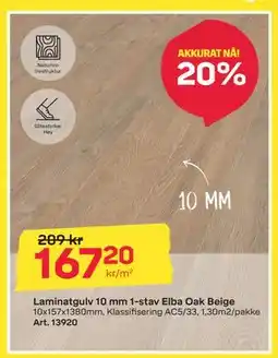 Byggmax Laminatgulv 10 mm 1-stav Elba Oak Beige tilbud