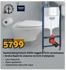 Megaflis Gustavsberg Estetic 8330 veggskål hvit ceramicplus + Grohe Rapid SL sisterne m/hvit trykkplate tilbud