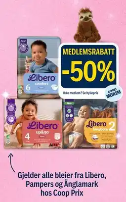 Coop Prix Gjelder alle bleier fra Libero, Pampers og Änglamark hos Coop Prix tilbud