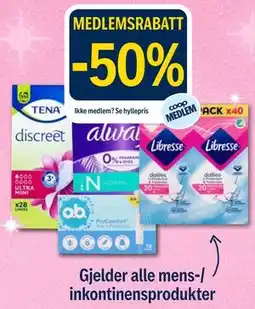 Coop Prix Gjelder alle mens-/ inkontinensprodukter tilbud