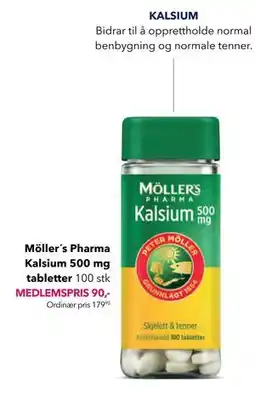 Apotek 1 Möller´s Pharma Kalsium 500 mg tabletter 100 stk, Medlemspris tilbud