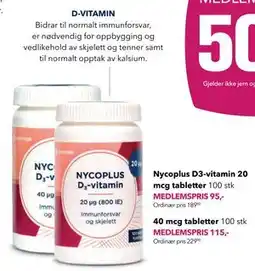 Apotek 1 Nycoplus D3-vitamin 40 mcg tabletter 100 stk, Medlemspris tilbud