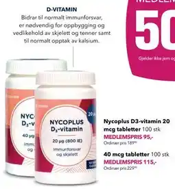 Apotek 1 Nycoplus D3-vitamin 20 mcg tabletter 100 stk, Medlemspris tilbud