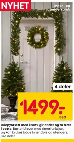 Rusta Julepyntsett med krans, girlander og to trær i potte tilbud