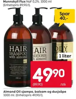 Rusta Munnskyl Flux Almond Oil sjampo, balsam og dusjsåpe tilbud