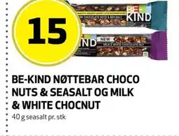 Bunnpris BE-KIND NØTTEBAR CHOCO NUTS & SEASALT OG MILK & WHITE CHOCNUT tilbud