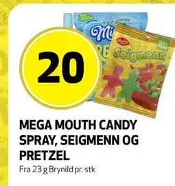 Bunnpris MEGA MOUTH CANDY SPRAY, SEIGMENN OG PRETZEL tilbud