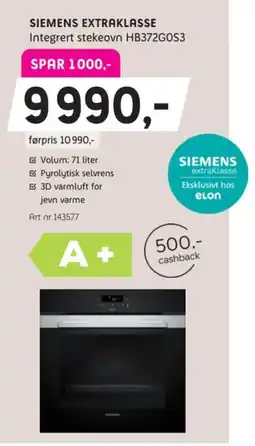 ELON Siemens extraklasse integrert stekeovn hb372gos3 tilbud
