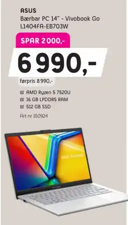 ELON Asus bærbar pc 14" - vivobook go l1404fa-eb703w tilbud
