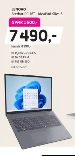 ELON Lenovo Bærbar PC 16" - IdeaPad Slim 3 tilbud