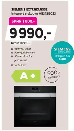 ELON SIEMENS EXTRAKLASSE Integrert stekeovn HB372G0S3 tilbud
