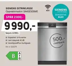 ELON SIEMENS EXTRAKLASSE Oppvaskmaskin SN43ES05ME tilbud