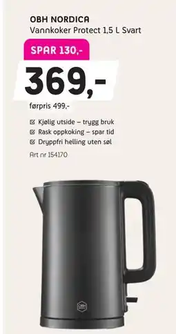 ELON OBH NORDICA Vannkoker Protect 1,5 L Svart tilbud