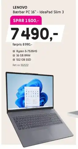 ELON LENOVO Bærbar PC 16” - IdeaPad Slim 3 tilbud