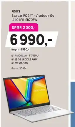 ELON ASUS Bærbar PC 14” - Vivobook Go L1404FA-EB703W tilbud