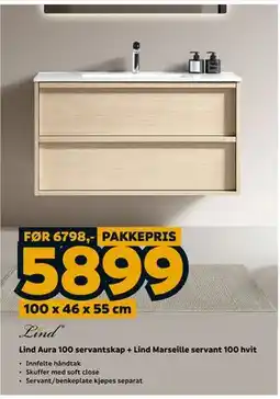 Megaflis Lind Aura 100 servantskap + Lind Marseille servant 100 hvit tilbud