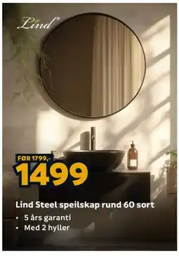 Megaflis Lind Steel speilskap rund 60 sort tilbud
